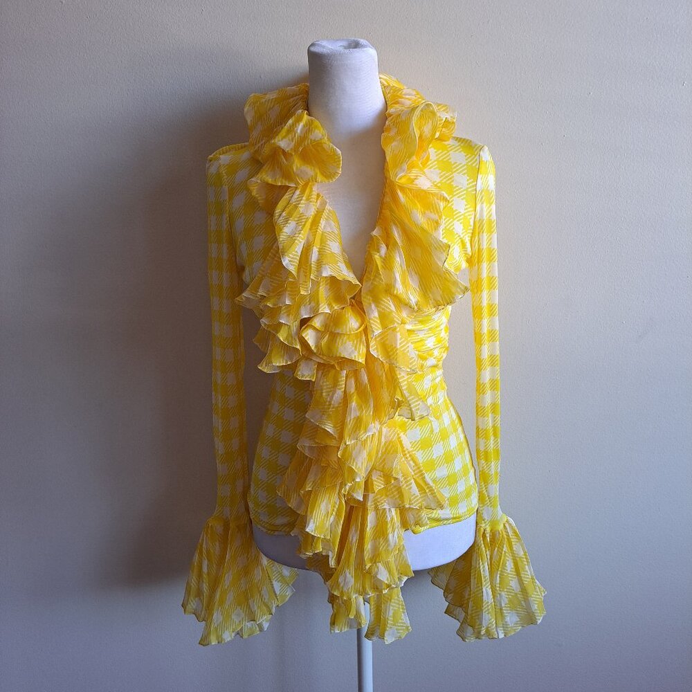 Roberto Cavalli Yellow Ruffle Sheer Silk Blouse Size 38 / XS
